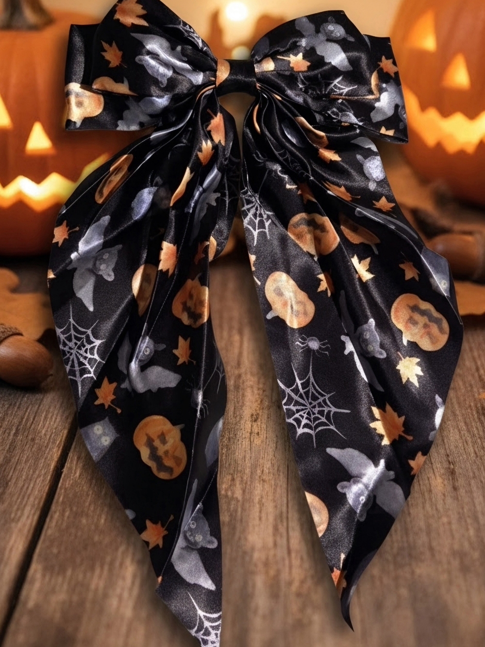 Kids Halloween Satin Hair Bow in Black & Orange